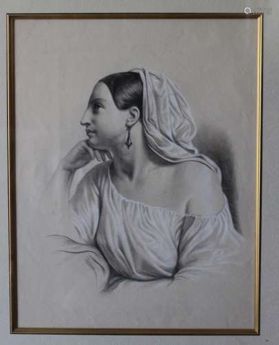 Antique academic classical style Italian/English drawing of young woman,
circa 1850, Italy;