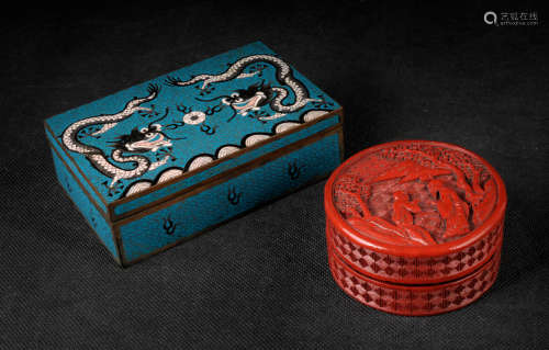 人物纹圆漆盒、景泰蓝方盒2个