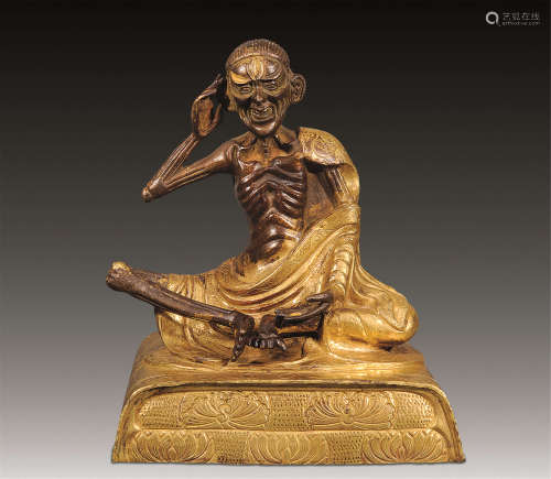 清中期 铜鎏金米拉日巴坐像
