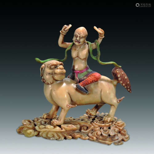 民国 寿山石彩绘骑狮罗汉