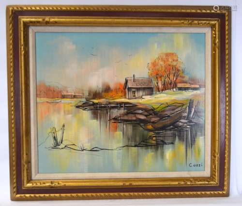 Oil Painting of Lake and House