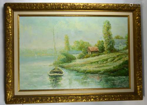 Oil Painting of Boat and House