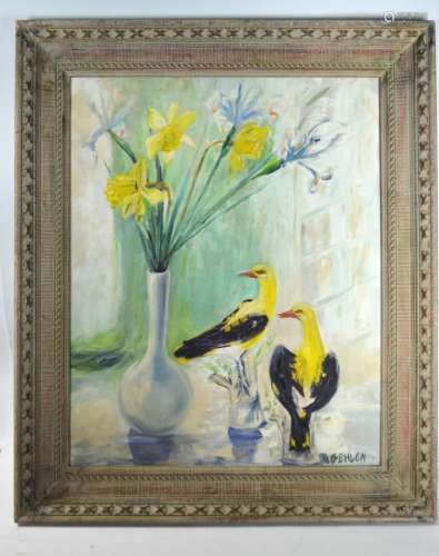 Oil Painting of Two Birds and Flowers in Vase