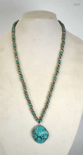 Silver & Turquoise Beads Necklace w Pendant