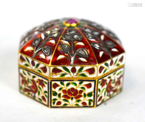 24K Gold Indian Enamel Octagonal Box Mughal Style