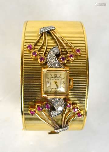 14K Retro Bangle Lady Watch w. Diamonds & Rubies