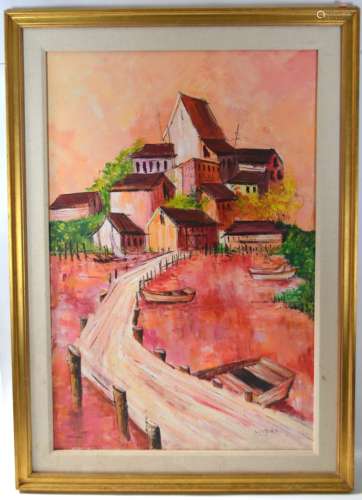 Oil Painting of Pink Building and Boat