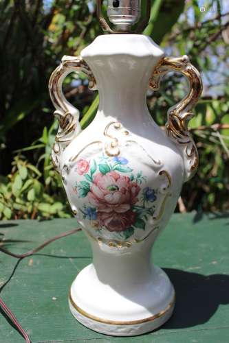 Vintage porcelain lamp with hand painted flowers and gilded handles