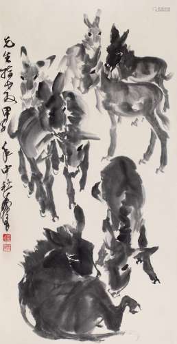 黄胄（1925～1997） 群驴图 立轴 设色纸本