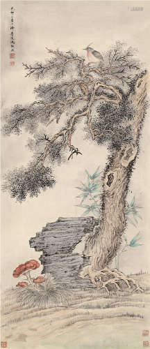冯超然（1882～1954） 1939年作 花鸟 立轴 设色纸本