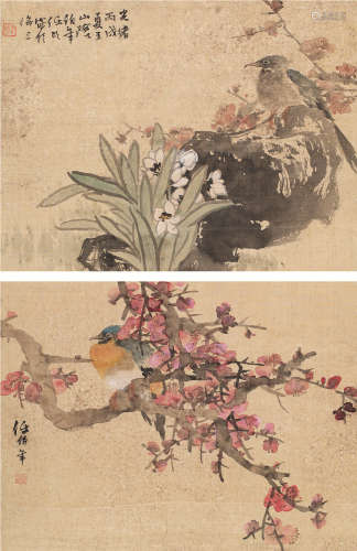 任伯年（1840～1896） 1886年作 花鸟 （二帧） 立轴 设色纸本