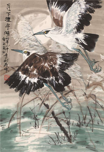 李剑晨（1900～2002） 月下渡平湖 立轴 设色纸本