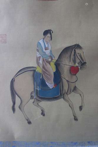 Chinese silk framed painting of a Chinese girl on a horse, Qing Dynasty,
Qianlong period(?)