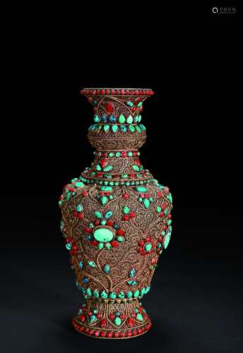 民国 铜嵌珊瑚松石雕花瓶 铜