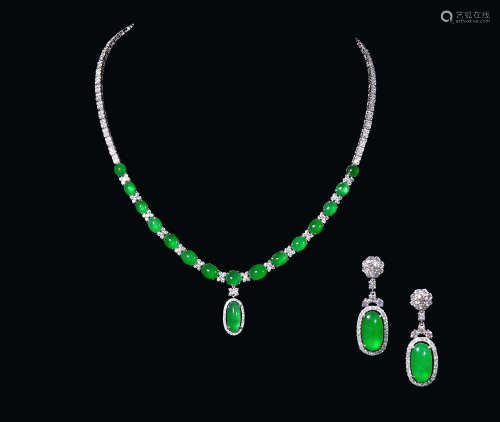 缅甸天然满绿翡翠配钻石项链、耳环套装