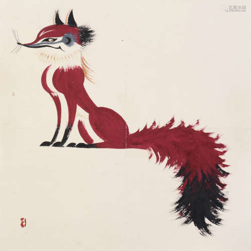 韩美林（b.1936） 红狐 镜框 设色纸本