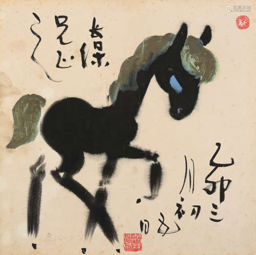 韩美林（b.1936） 乙卯 1975年作 小马驹 镜框 设色纸本