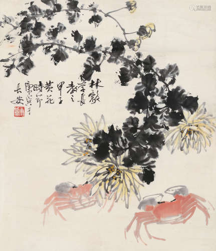 康师尧（1921～1985） 甲子 1984年作 蟹肥菊香 立轴 设色纸本