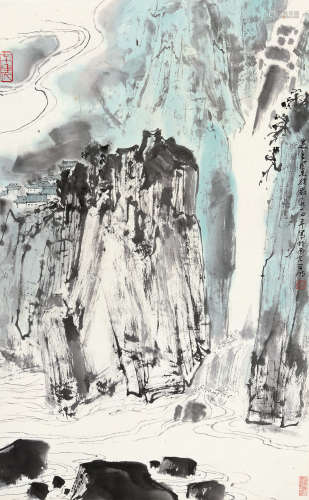 亚明（1924～2002） 1975年作 山涧飞瀑 立轴 设色纸本