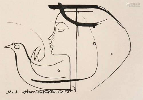 韩美林（b.1936） 1992年作 和平少女 镜框 水墨纸本