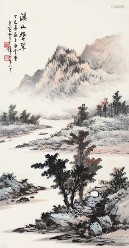 黄君璧（1898～1991） 丁巳 1977年作 溪山耸翠 镜片 设色纸本