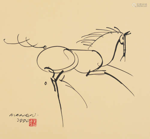 韩美林（b.1936） 1990年作 马 镜片 水墨纸本
