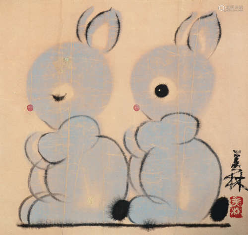 韩美林（b.1936） 双兔 镜框 设色纸本