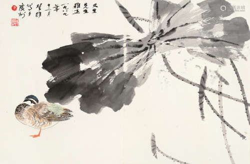 方楚雄（b.1950） 1989年作 荷塘翠鸟 镜片 设色纸本