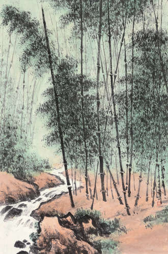 卢星堂（1938～2012） 壬午 2002年作 竹海深处 立轴 设色纸本
