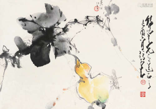 赵少昂（1905～1998）  杨善深（1913～2004） 己酉1969年作 草虫葫芦 立轴 设色纸本