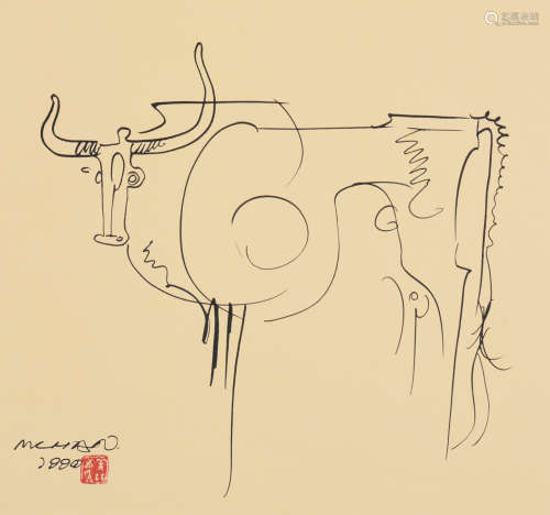 韩美林（b.1936） 1990年作 牛 镜片 水墨纸本
