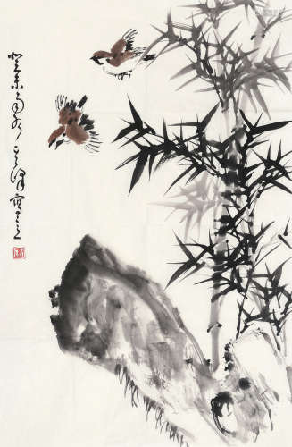 孙其峰（b.1920） 癸未 2003年作 雀栖竹林 镜片 设色纸本
