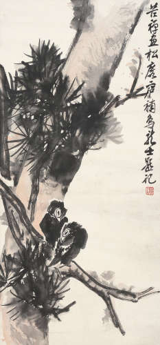 李苦禅（1899～1983）  萧龙士（1889～1990）  许麟庐（1916～2011） 松鹰图 镜片 设色纸本