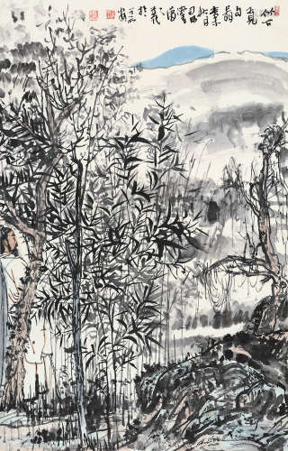 尉晓榕（b.1957） 癸未 2003年作 竹下觅句图 立轴 设色纸本