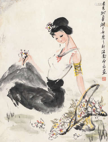 刘国辉（b.1940） 己巳 1989年作 芙蓉美人图 立轴 设色纸本