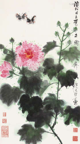 谢稚柳（1910～1997） 芙蓉蝴蝶图 立轴 设色纸本