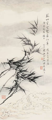 申石伽（1906～2001） 风竹图 立轴 设色纸本