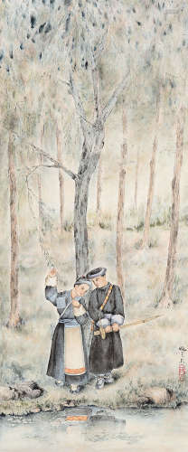 庞薰琹（1906～1985） 私语 镜片 设色纸本
