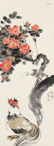 程十发（1921～2007） 山茶雄鸡 立轴 设色纸本