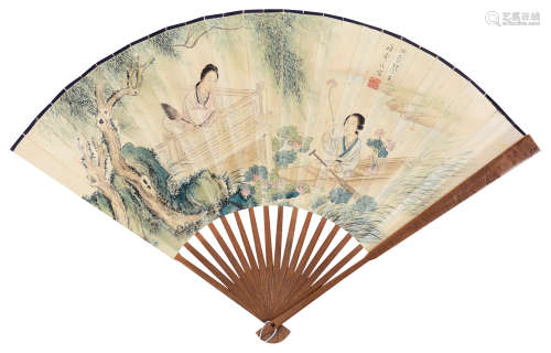 潘振镛（1852～1921） 采莲图 成扇 设色纸本