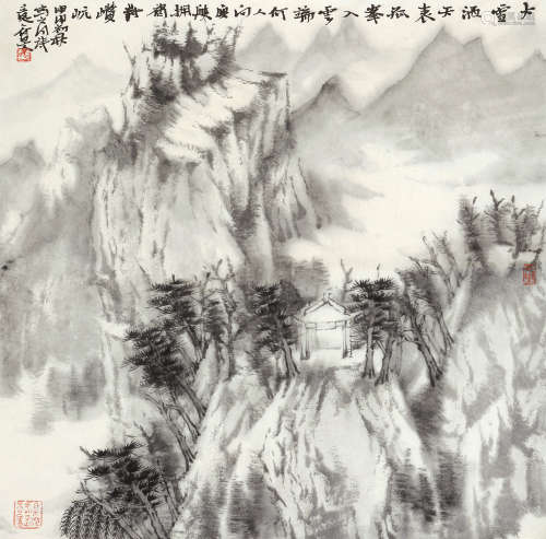 张谷旻（b.1961） 甲申 2004年作 松林初雪 镜片 水墨纸本