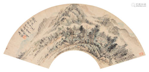 吴徵（1878～1949） 庚辰 1940年作 溪阁幽居 扇面 设色纸本