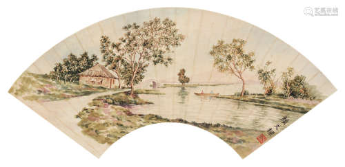 颜文樑（1893～1988） 游湖 镜片 设色纸本
