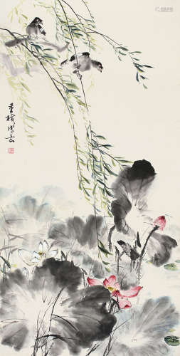 张重梅（1927～2007） 柳叶荷风 镜片 设色纸本