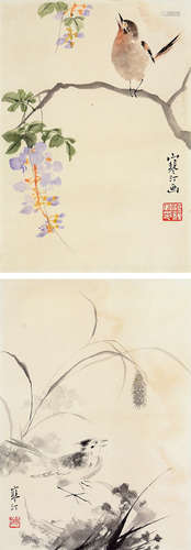 江寒汀（1903～1963） 花鸟 （二帧） 镜片 设色纸本