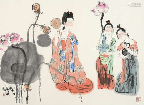 韩硕（b.1945） 戊子 2008年作 赏荷 镜片 设色纸本
