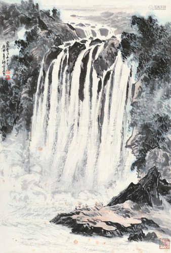 姚耕云（1931～1988） 庚申 1980年作 观瀑图 立轴 设色纸本
