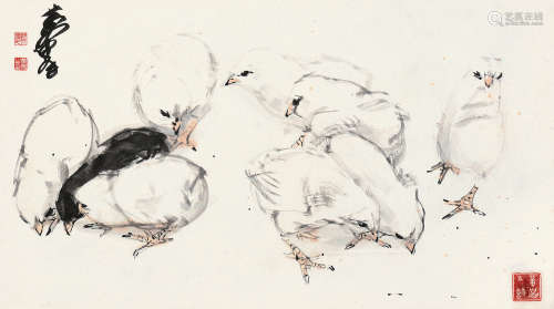 黄胄（1925～1997） 群鸡 镜框 设色纸本