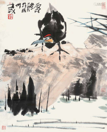 裴士戎（b.1944） 丙戌 2006年作 池塘飞禽 镜片 设色纸本