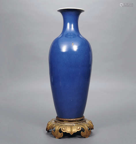 藍釉鑲銅座觀音瓶 (小損)